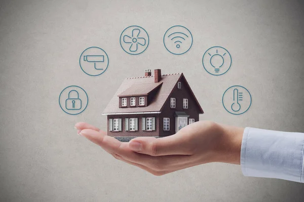 Hands Holding Miniature Home Model Icons Smart Home Automation Concept — Fotografia de Stock