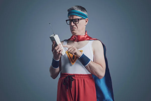 Funny Nerdy Superhero Having Problems Old Cordless Telephone Able Make — Stock Photo, Image