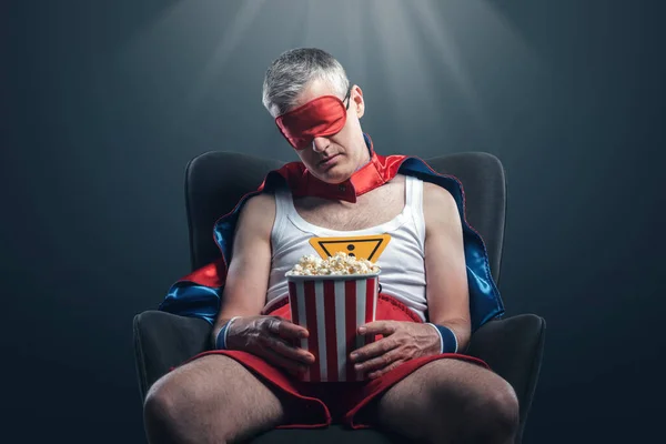 Funny Superhero Watching Boring Movie Sleeping Sleep Mask His Eyes — Stock Photo, Image