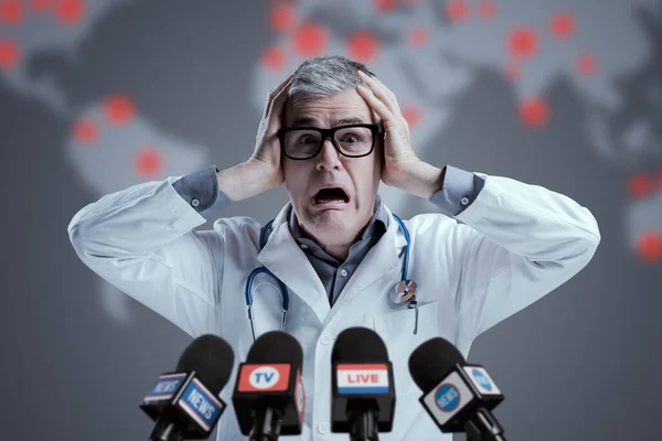 Terrified Medical Scientist Interviewed Media Shouting Head Hands — Stock Photo, Image