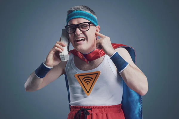 Funny Superhero Making Phone Call Using Old Obsolete Cordless Telephone — Stock Photo, Image