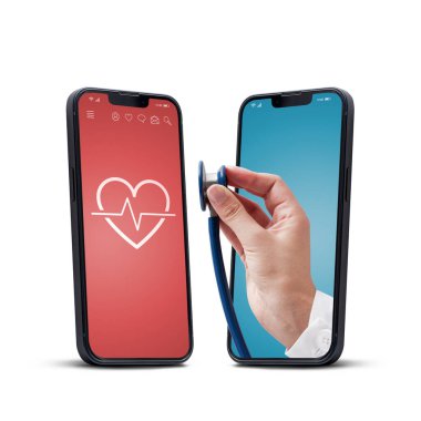 Çevrimiçi doktor nabzını steteskopla kontrol ediyor. İki akıllı telefon birbirine bakıyor. Teletıp konsepti.