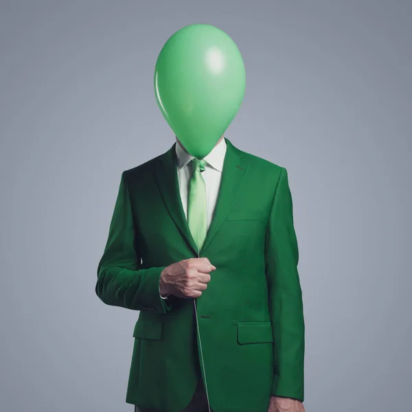 Anonymous Corporate Businessman Hiding His Head Green Balloon — Stock Photo, Image