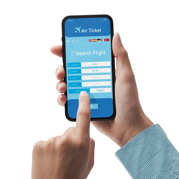 User Holding Smartphone Booking Cheap Flights Online White Background Pov — Stockfoto