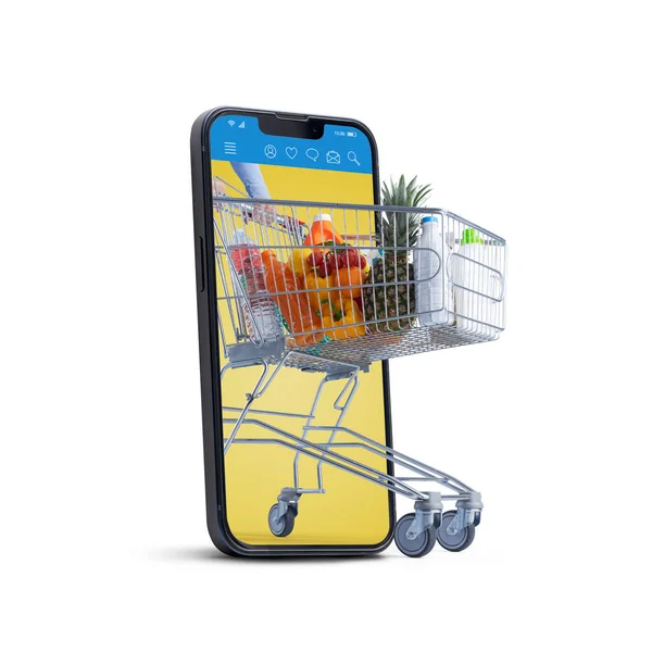 Online Boodschappenapp Volledig Winkelwagentje Smartphone Commerce Food Delivery Concept — Stockfoto