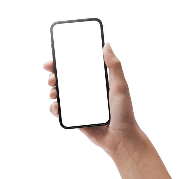 Female Hand Holding Smartphone Blank Screen White Background — Stockfoto