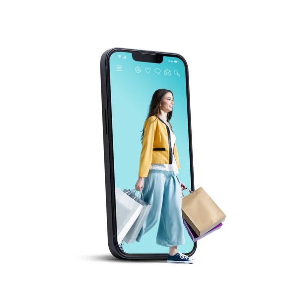 Happy Woman Smartphone Walking Holding Many Shopping Bags Online Shopping — Stockfoto