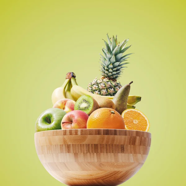 Wooden Bowl Full Fresh Delicious Fruit Healthy Diet Concept Blank — стоковое фото