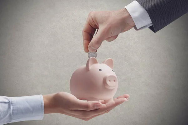 Corporate Businessman Inserting Coin Piggy Bank Saving Money Deposits Investments — Stock Photo, Image