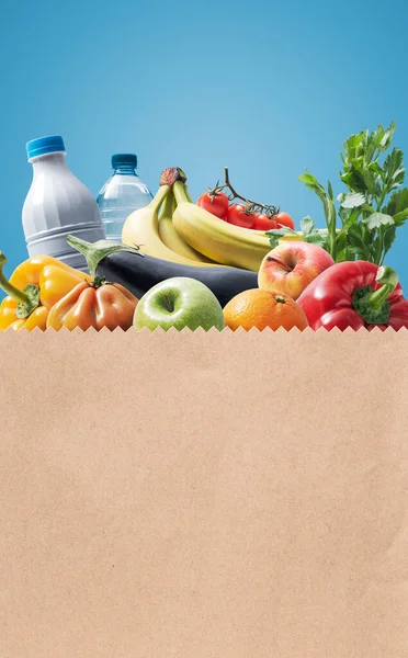 Paper Bag Full Fresh Groceries Close Grocery Shopping Concept — Zdjęcie stockowe