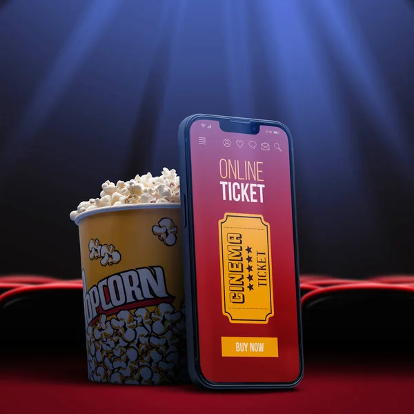 Приложение Онлайн Бронирования Билетов Смартфон Попкорн Билеты Кино Заднем Плане — стоковое фото
