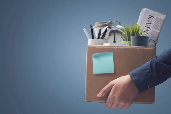 Office Worker Carrying Personal Belongings Box Being Fired Unemployment Career — Fotografia de Stock
