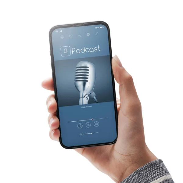 Utente Ascolta Podcast Online Uno Smartphone Isolato Sfondo Bianco — Foto Stock