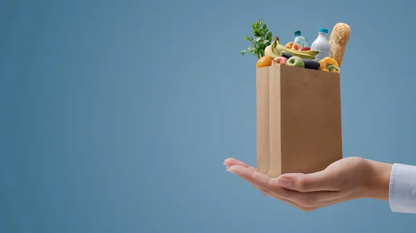 Online grocery shopping and home delivery service: tiny grocery bag with food on a hand