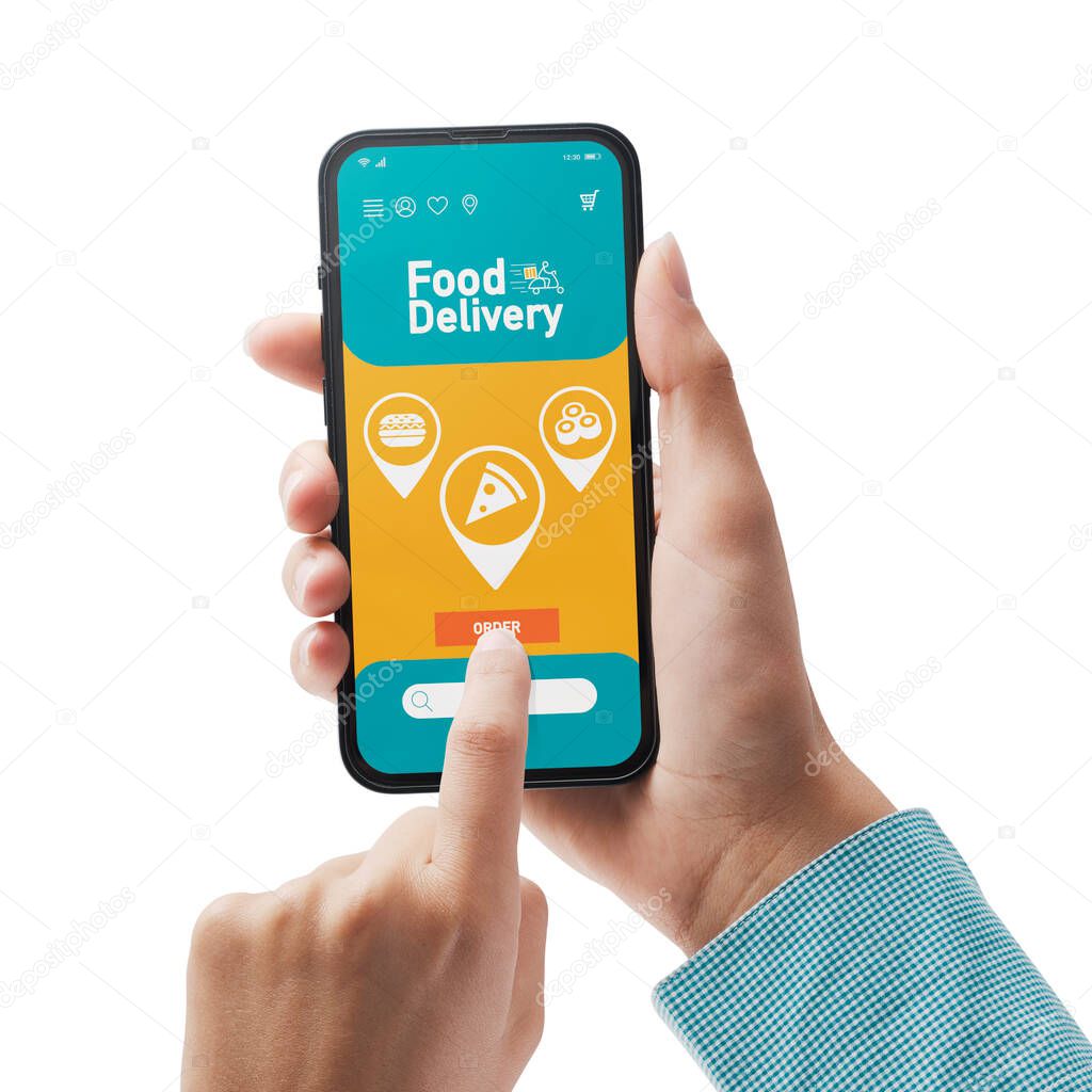 Woman ordering food delivery from restaurants online, fast food and home delivery concept, POV shot On white background