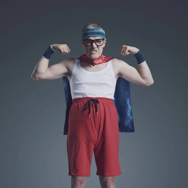 Ridiculous Skynny Superhero Glasses Small Cape Showing Muscles Has Funny — Stockfoto