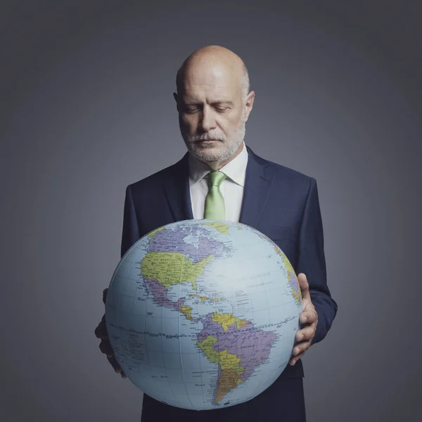 Corporate Businessman Holding Globe Global Business Environmental Protection Concept — Stock fotografie