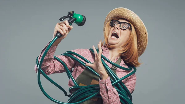 Funny Bad Gardener Tied Garden Hose Shouting — Stock Photo, Image