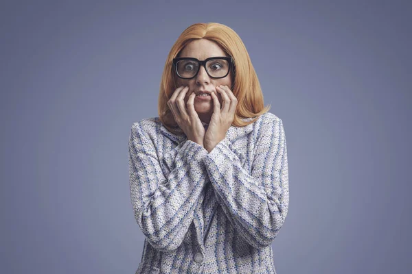 Skrämd Rolig Affärskvinna Med Glasögon Hon Livrädd — Stockfoto
