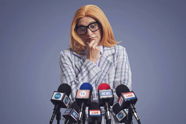 Pensive Female Politician Talking Media She Confused Thinking Hand Chin — Stock Photo, Image