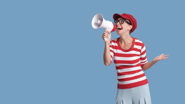 Stylish Woman Hat Striped Shirt She Shouting Megaphone Marketing Communication — Stock Photo, Image