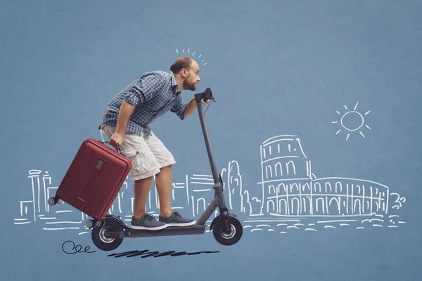 Tourist riding an electric scooter and carrying a trolley bag, sketched travel destination in the background