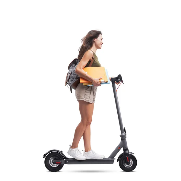 Estudante Sorridente Com Mochila Montando Uma Scooter Elétrica Eco Friendly — Fotografia de Stock
