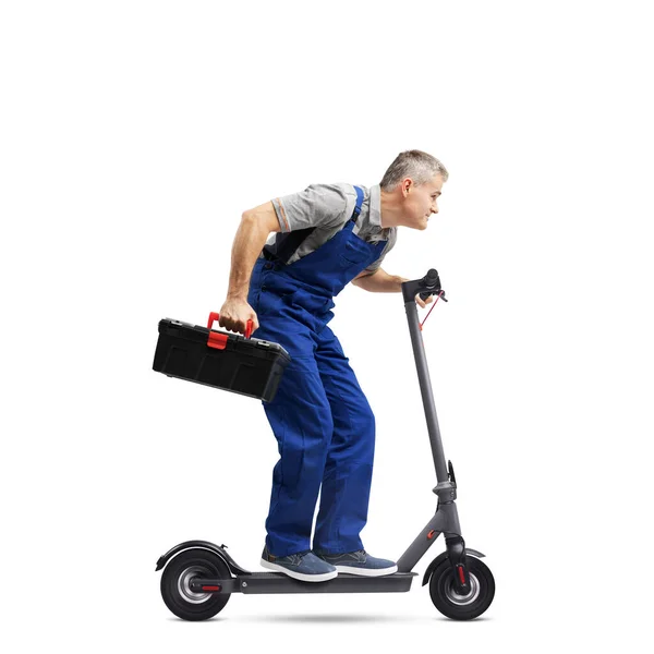 Professional Fast Repairman Riding Electric Scooter Holding Toolbox Express Repair — Stock Photo, Image