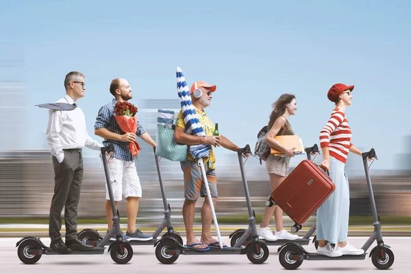 Crowd of diverse people riding electric scooters in the city street, smart mobility and traffic concept