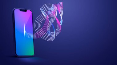 Renkli arka plana ve neon ses dalgalarına sahip akıllı telefon, müzik ve eğlence konsepti, boş kopya alanı