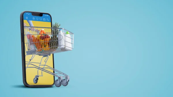 Online Grocery Shopping App Full Shopping Cart Smartphone Display Commerce — Stock Photo, Image