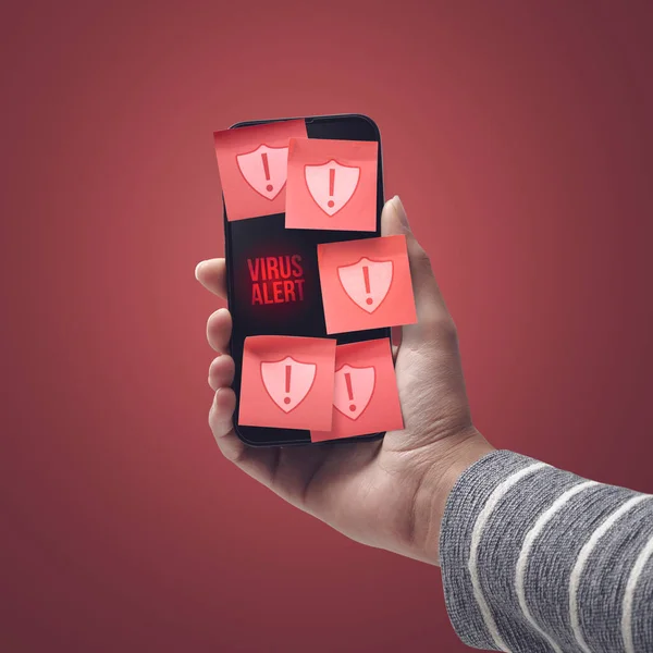Hand Holding Smartphone Showing Antivirus Warnings Device Infected Viruses Malware — Fotografia de Stock