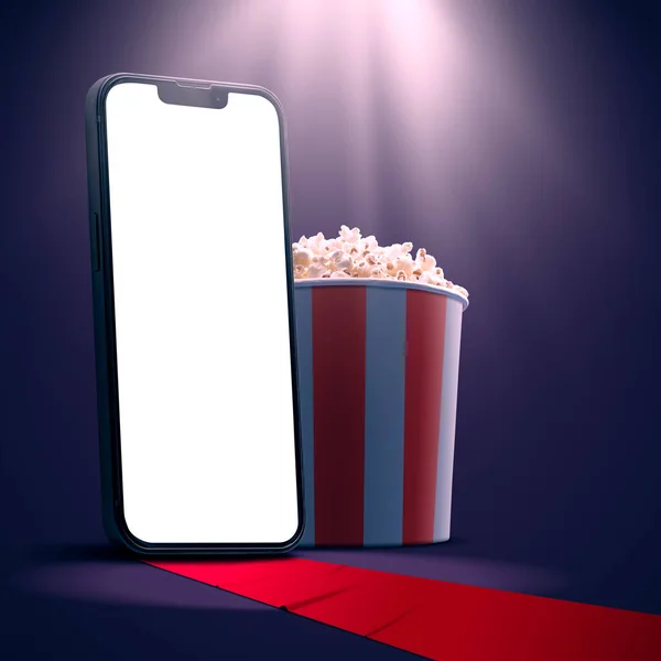 Smartphone Com Tela Branco Pipoca Tapete Vermelho Streaming Filmes Line — Fotografia de Stock