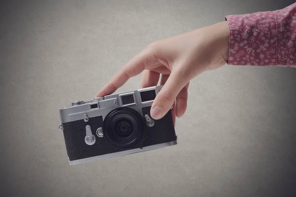 Woman Holding Vintage Camera Grey Wall Background Creativity Hobbies Concept — Stock Photo, Image