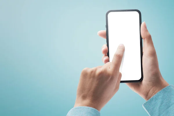 Mulher Segurando Smartphone Tocando Tela Branco Tecnologia Conceito Comunicação — Fotografia de Stock