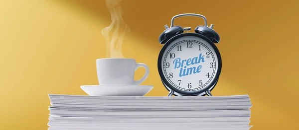 Espresso Coffee Alarm Clock Pile Paperwork Break Time — Stockfoto