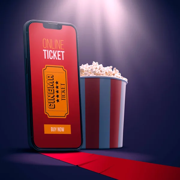 Мобильное Приложение Бронирования Билетов Кино Онлайн Смартфон Билетом Попкорн Красная — стоковое фото