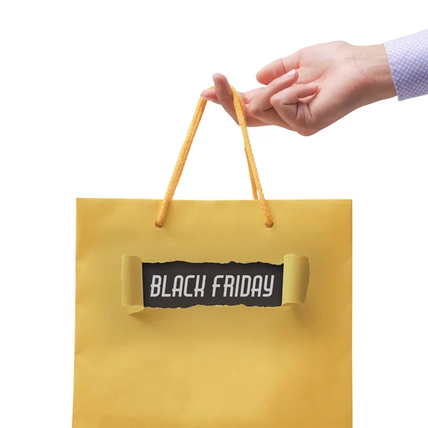 Cliente Possesso Una Borsa Della Spesa Venerdì Nero Vendita Promozionale — Foto Stock