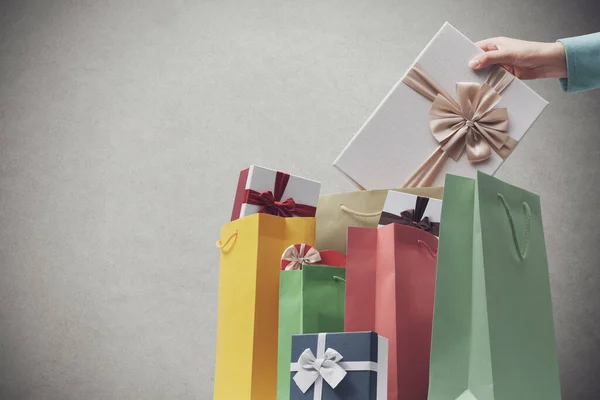 Shopping Bags Gifts Woman Taking Gift Box Shopping Celebrations Concept — Fotografie, imagine de stoc