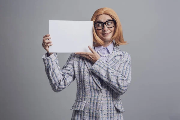 Funny Businesswoman Holding Blank Sign Blank Copy Space Marketing Communication — Stock Photo, Image