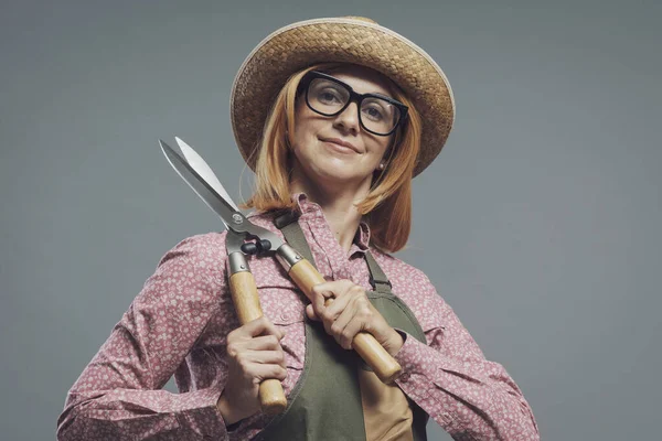 Confident Smiling Woman Posing Hedge Shears Gardening Hobbies Concept — Stock Photo, Image