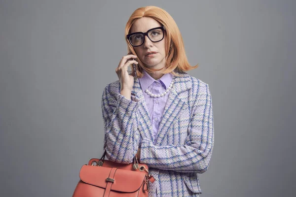 Woman Talking Her Smartphone She Disappointed She Having Boring Phone — Stock Photo, Image