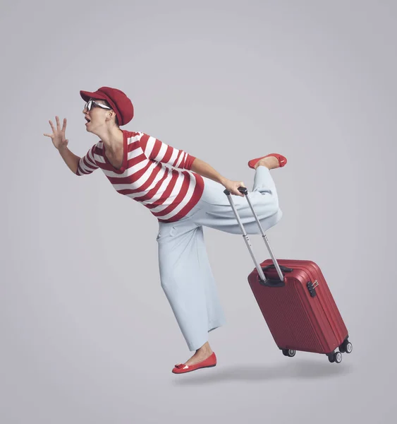 Gezgin Kadın Bavuluyla Hızlı Koşuyor Uçağına Seyahatine Turizme Geç Kalıyor — Stok fotoğraf