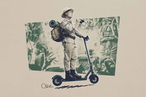 Vintage Style Explorer Holding Binoculars Riding Electric Scooter Vintage Style — Stock Photo, Image