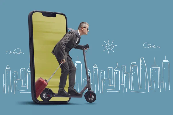 Corporate businessman riding an electric scooter and coming out from a smartphone screen, sketched city in the background