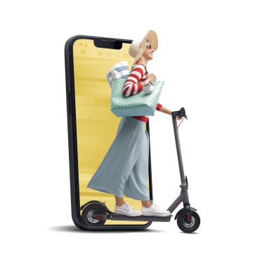 Elektrikli scooter kullanan ve plaja giden mutlu turist kadın akıllı telefon ekranından, mobil uygulamalardan ve tatil konseptinden çıkıyor.