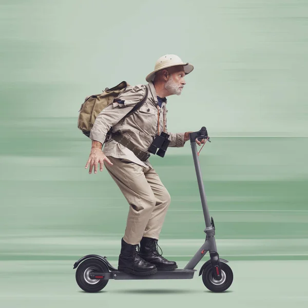 Funny Explorer Tourist Travelling Riding Fast Electric Scooter — Stock Photo, Image