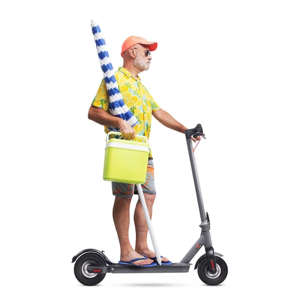 Funny Senior Tourist Going Beach His Electric Scooter Holding Beach — Stock Photo, Image