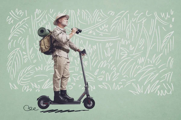 Vintage Style Explorer Riding Scooter Sketched Jungle Background — Stock Photo, Image