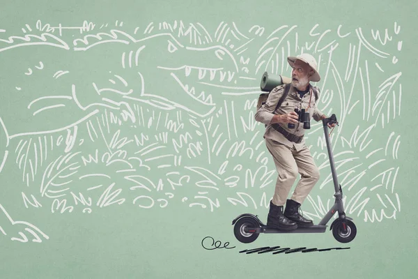 Vintage Style Explorer Riding Scooter Sketched Jungle Background Dinosaur Chasing — Stock Photo, Image